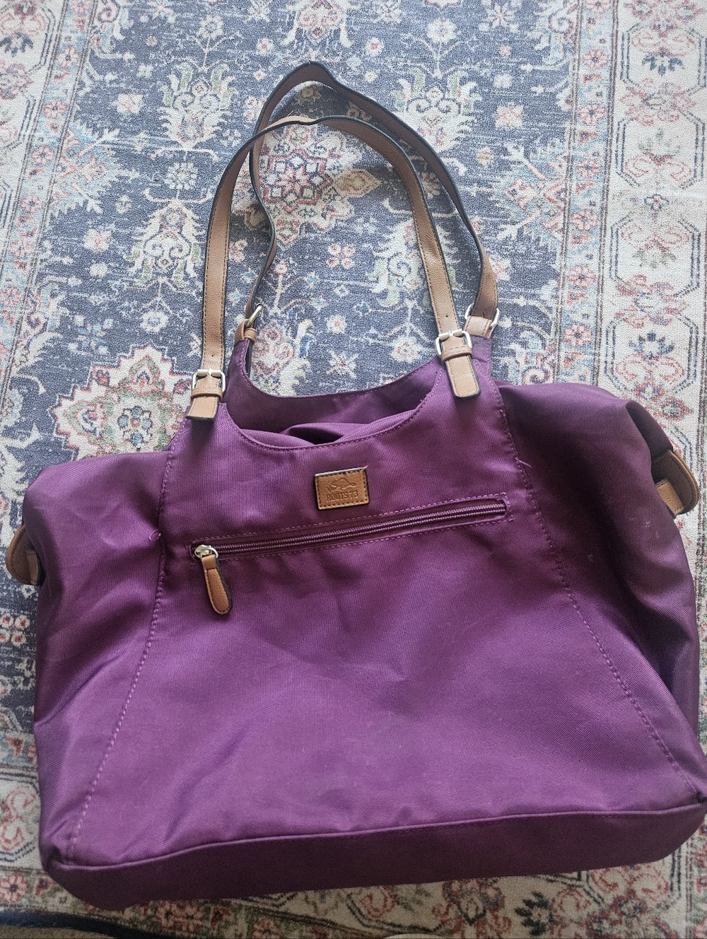Roots 73 Nylon Large Light Shoulder Tote Bag Vegan Leather Accents Deep Purple